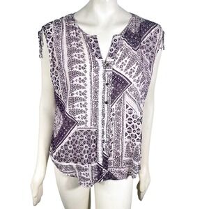 Lucky Brand Sleeveless Top Purple White Geometric Lightweight V-Neck XL Boho‎